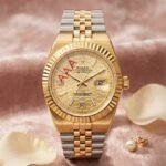 Rolex Dama Esfera Dorada Texturizada Caja y Brazalete Combinados Oro/Acero