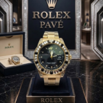 Rolex Pavé Bisel Cristal y Negro  Fondo Negro  Caja Oro